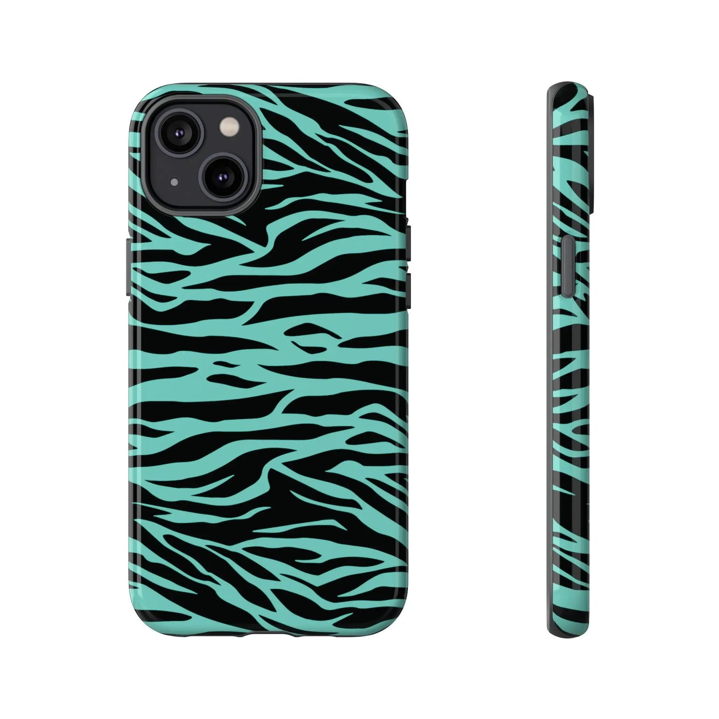 Back of a sleek phone case with a bold turquoise and black wild tiger print pattern for iphone and galaxy s models