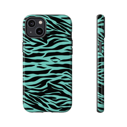 Back of a sleek phone case with a bold turquoise and black wild tiger print pattern for iphone and galaxy s models
