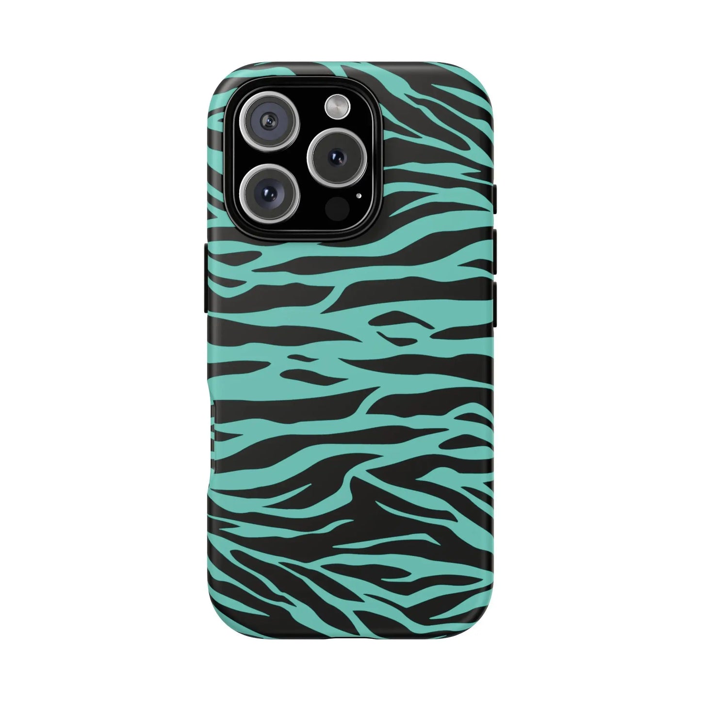 Back of a sleek phone case with bold turquoise and black tiger print pattern for iphone triple camera system