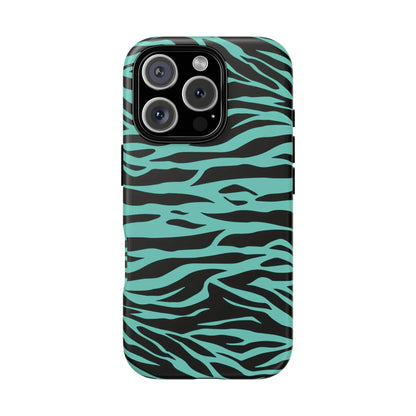 Back of a sleek phone case with bold turquoise and black tiger print pattern for iphone triple camera system