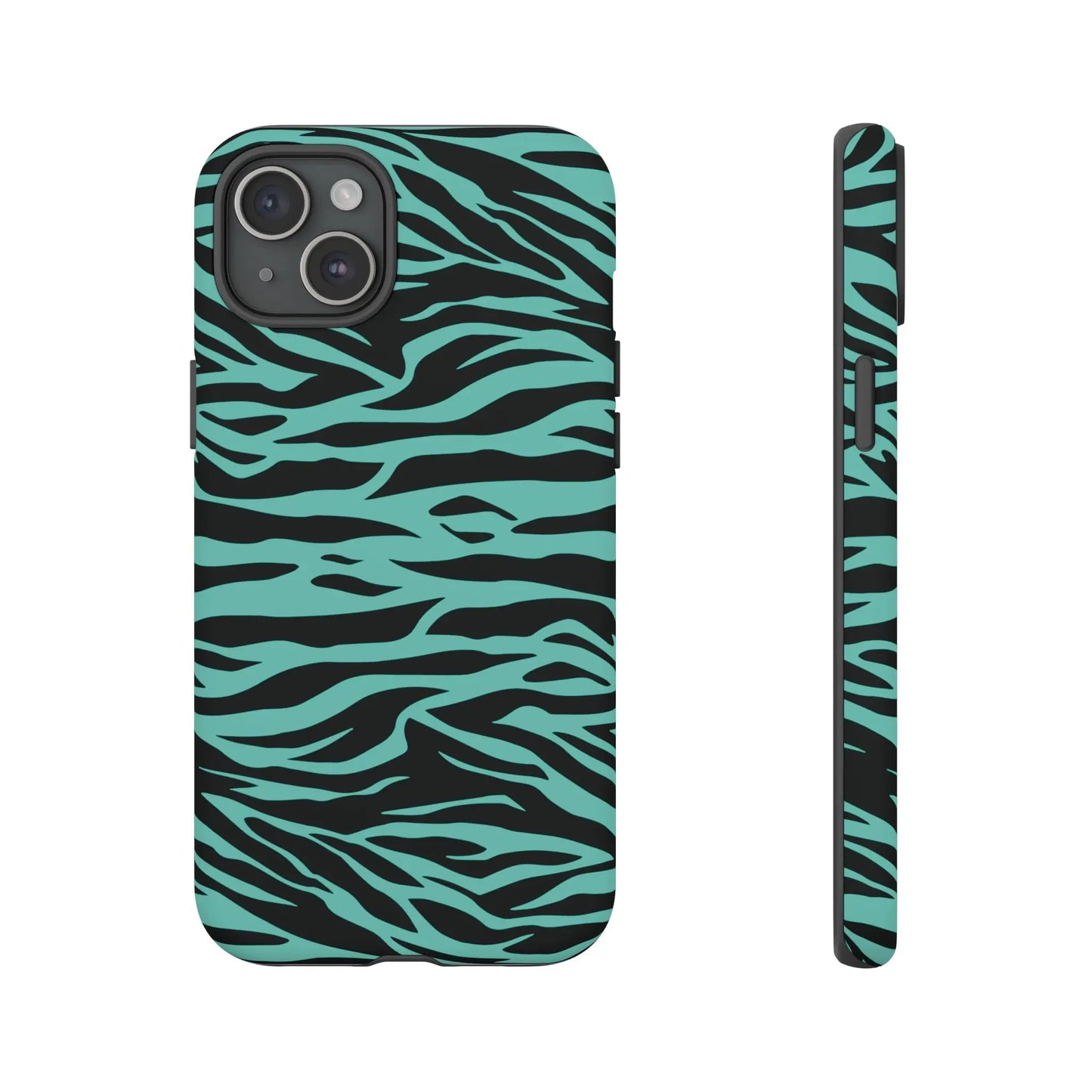 Back side of a teal and black zebra-print phone case featuring a green wild tiger print pattern for iPhone Galaxy and Pixel phones