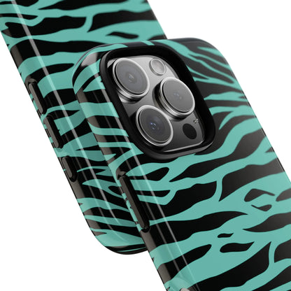 Teal and black glossy phone case with wild tiger print pattern for iphone galaxy s and google pixel phones back view