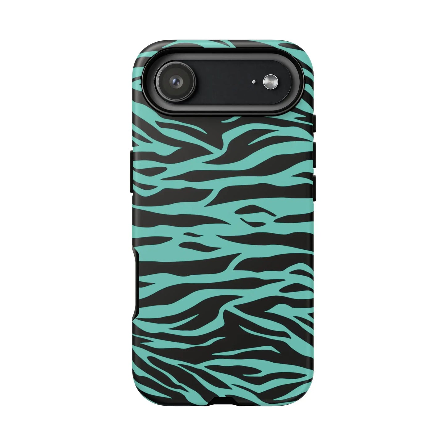 Back side of a teal and black zebra-striped phone case with a sleek protective design featuring a wild tiger print pattern