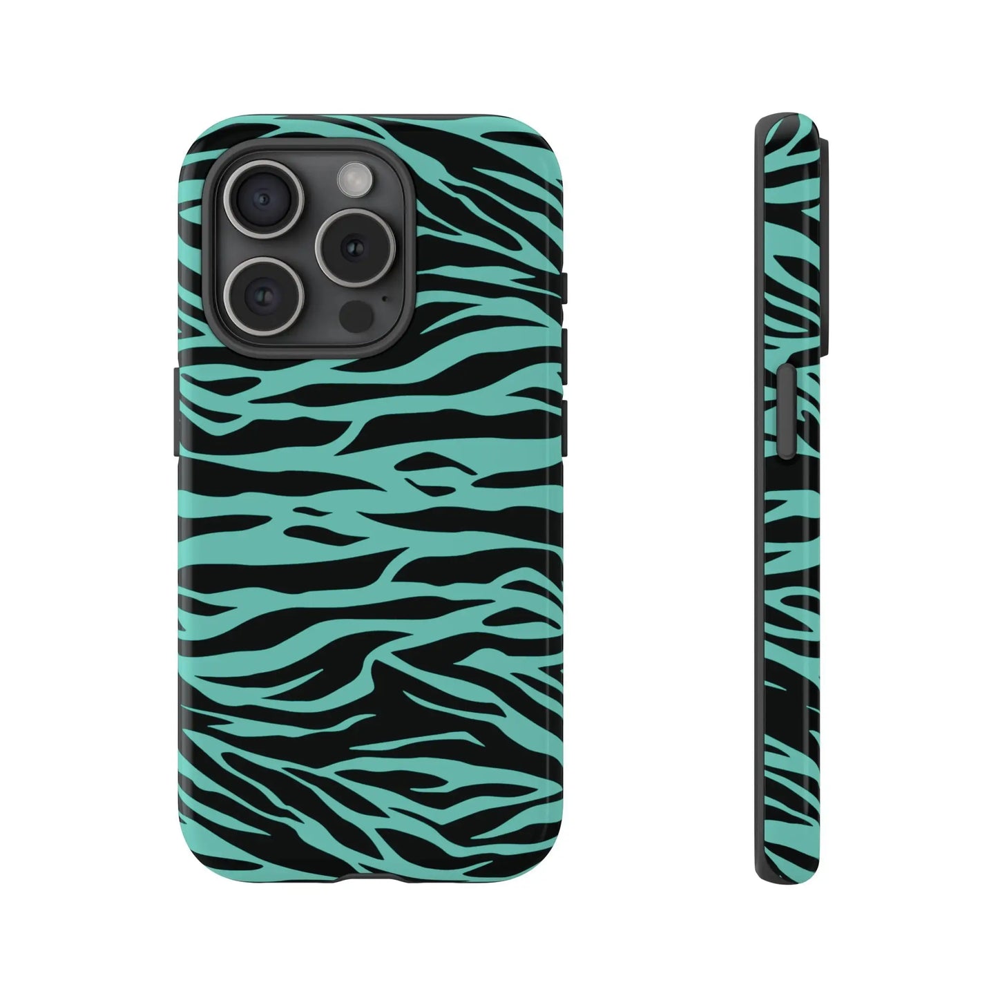 Sleek phone case with bold turquoise and black zebra stripe back for iphone triple-camera featuring wild tiger print pattern