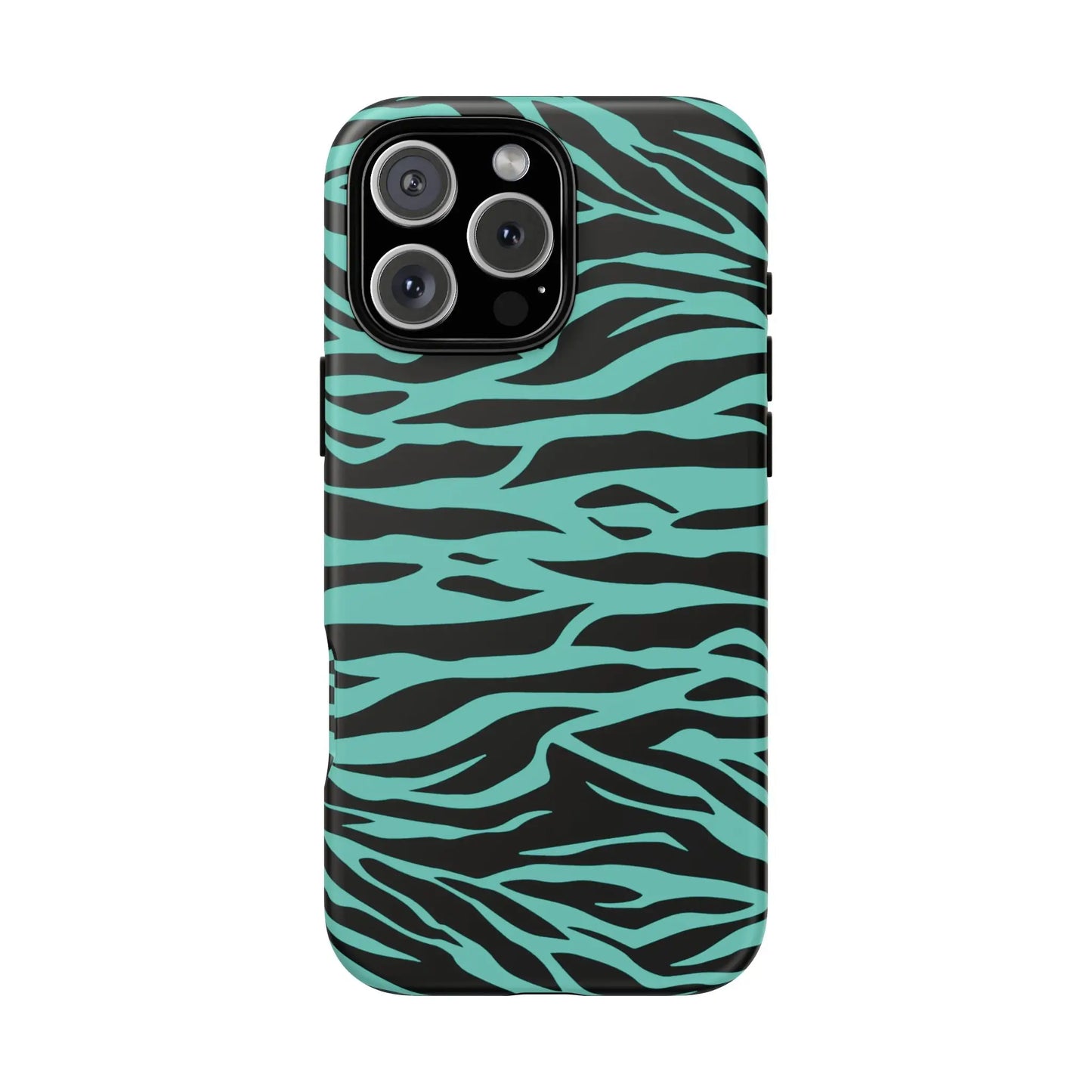 Back side of a teal and black zebra-striped phone case with wild tiger print pattern for iphone galaxy s and pixel phones