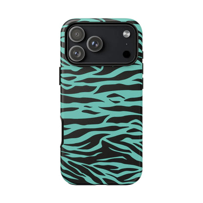 A sleek phone case with a green wild tiger print pattern and bold turquoise and black zebra stripes for iphone triple lens models