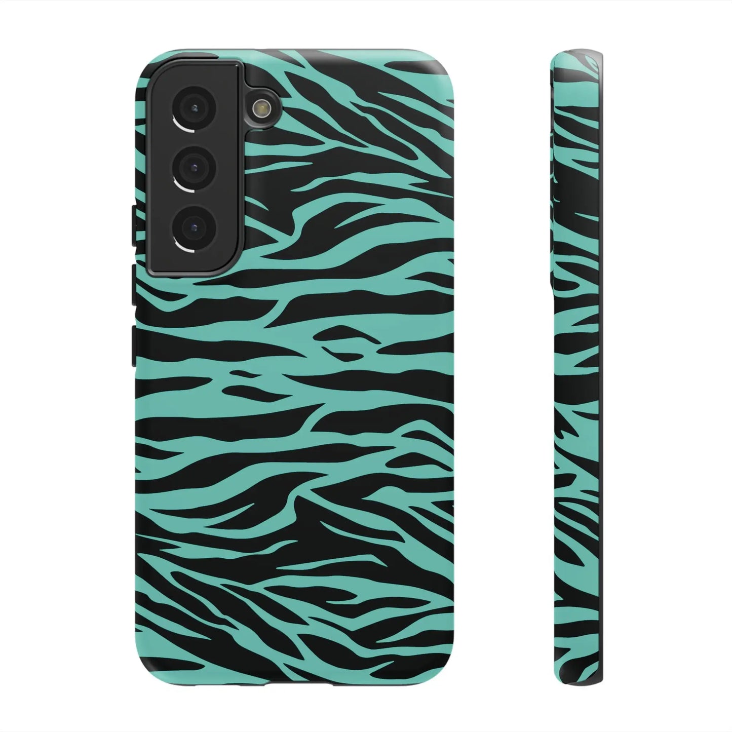 Back side of a teal and black zebra-print phone case for samsung galaxy s21 featuring a wild tiger print pattern design