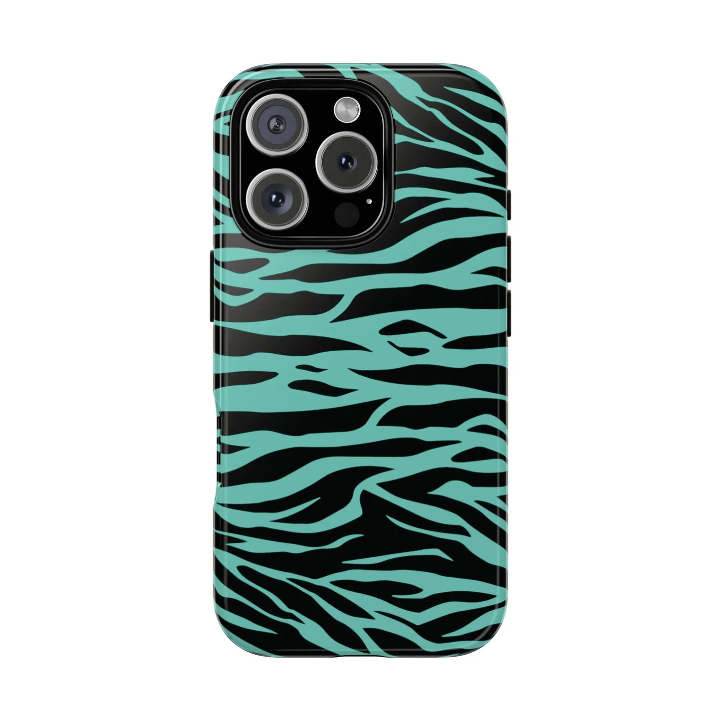 Sleek phone case with bold black and teal zebra stripe wild tiger print pattern for iphone back with camera cutout