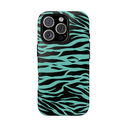 Sleek phone case with bold black and teal zebra stripe wild tiger print pattern for iphone back with camera cutout