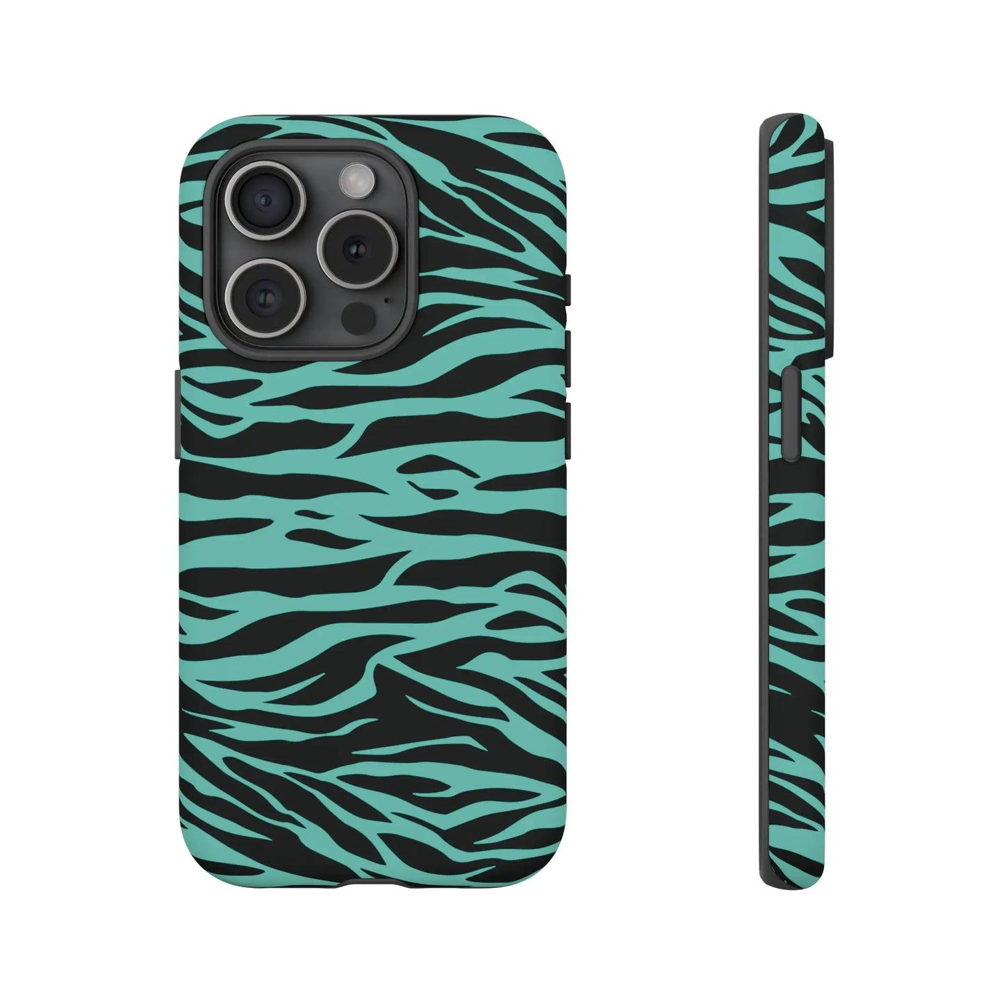 A sleek teal and black zebra-striped phone case with glossy finish showing the back for iphone 13 pro featuring wild tiger print pattern