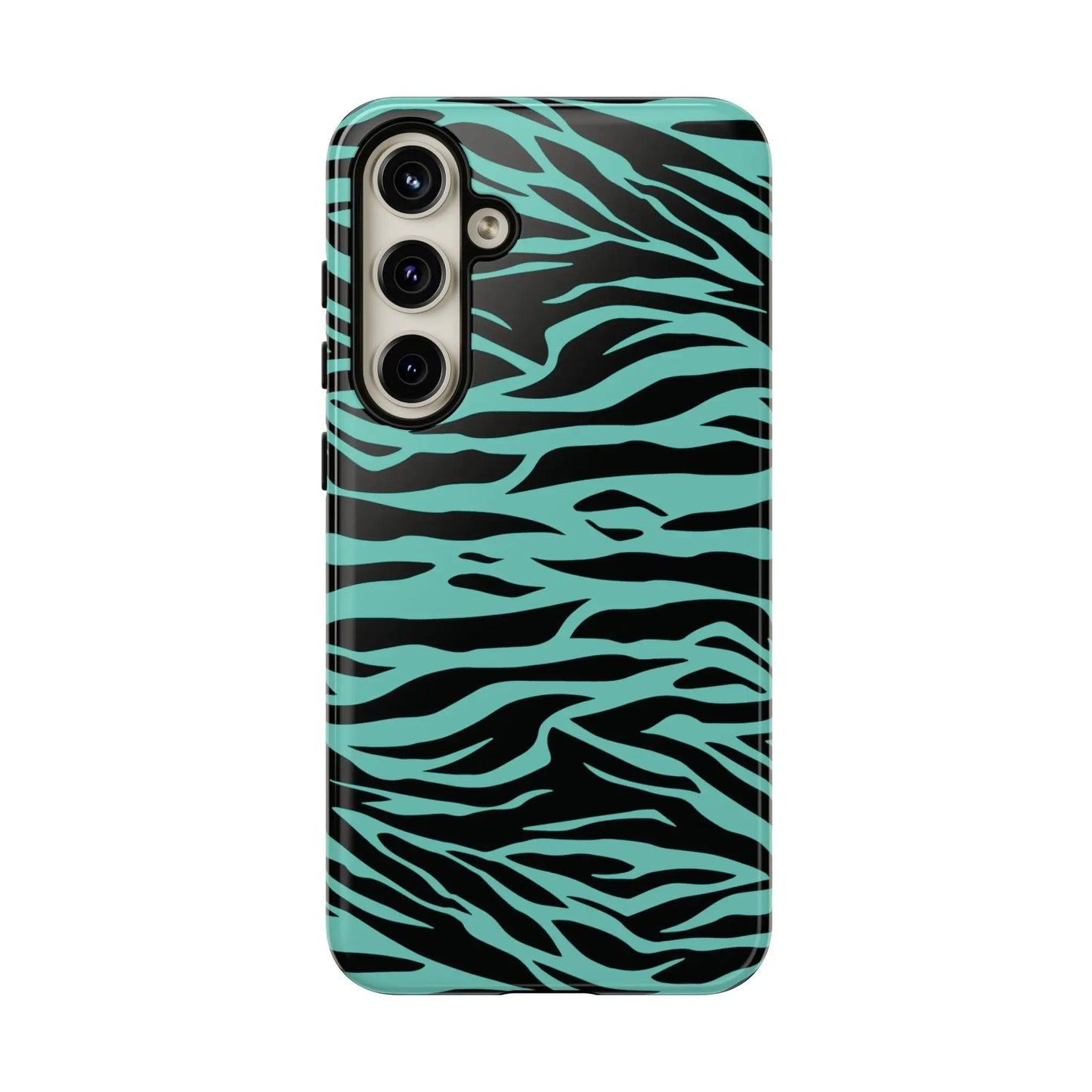 Back side of a vibrant teal and black zebra-striped phone case for samsung galaxy s23 with wild tiger print pattern