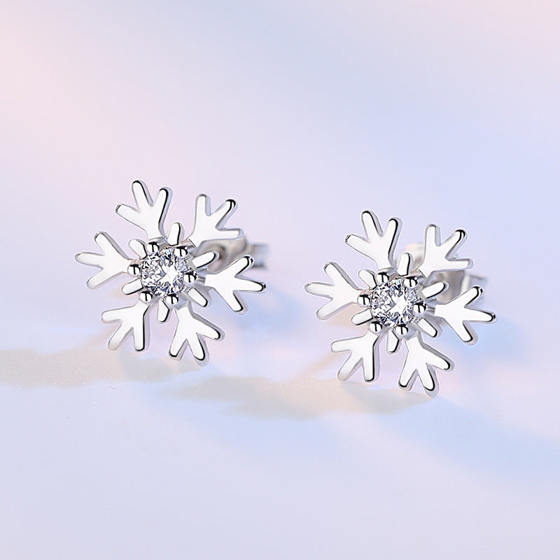 Delicate Petite Snowflake Stud Earrings with Sparkling Zircon Accent - White Diamond
