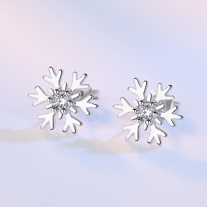 Delicate Petite Snowflake Stud Earrings with Sparkling Zircon Accent - White Diamond