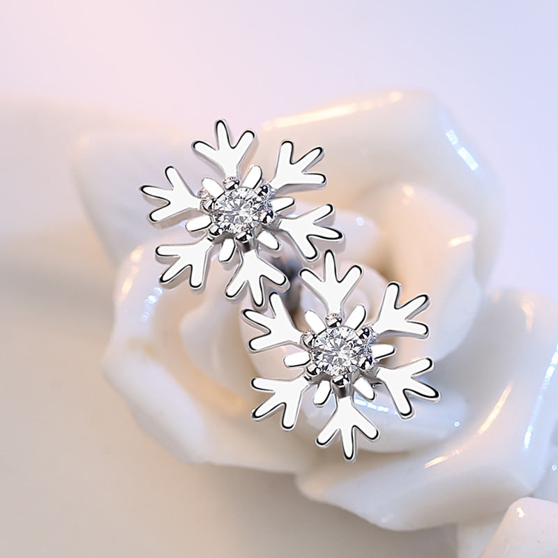 Delicate Petite Snowflake Stud Earrings with Sparkling Zircon Accent - White Diamond