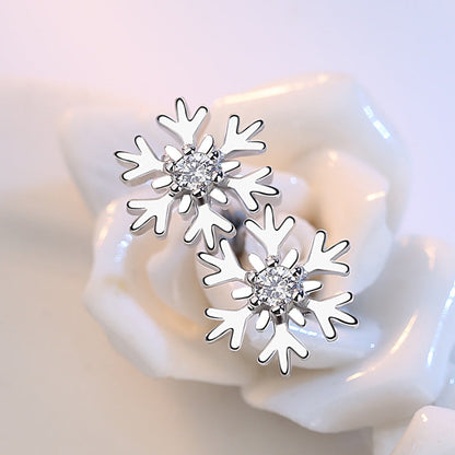 Delicate Petite Snowflake Stud Earrings with Sparkling Zircon Accent - White Diamond