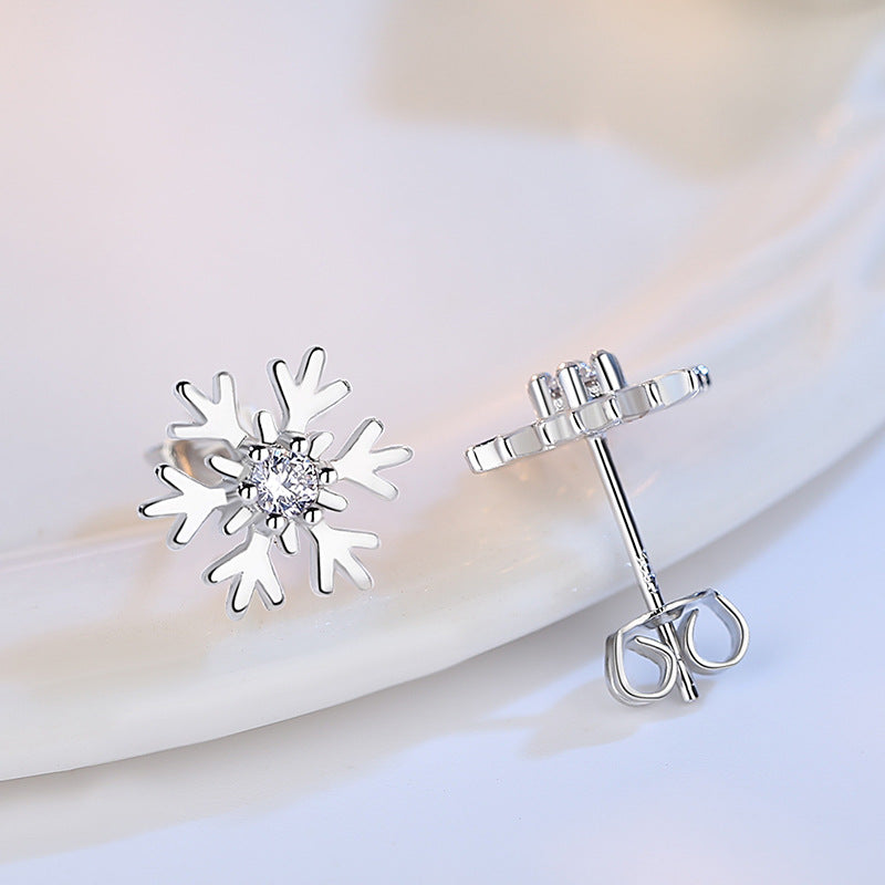 Delicate Petite Snowflake Stud Earrings with Sparkling Zircon Accent - White Diamond