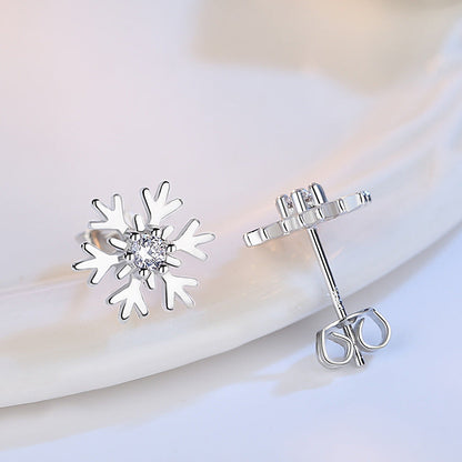 Delicate Petite Snowflake Stud Earrings with Sparkling Zircon Accent - White Diamond