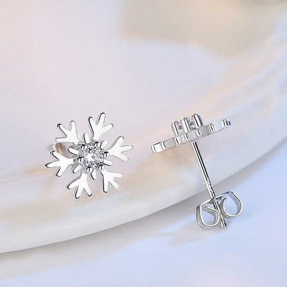Delicate Petite Snowflake Stud Earrings with Sparkling Zircon Accent - White Diamond