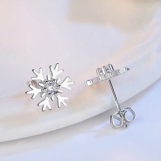Delicate Petite Snowflake Stud Earrings with Sparkling Zircon Accent - White Diamond