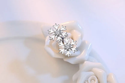 Delicate Petite Snowflake Stud Earrings with Sparkling Zircon Accent - White Diamond