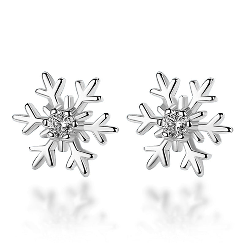 Delicate Petite Snowflake Stud Earrings with Sparkling Zircon Accent - White Diamond