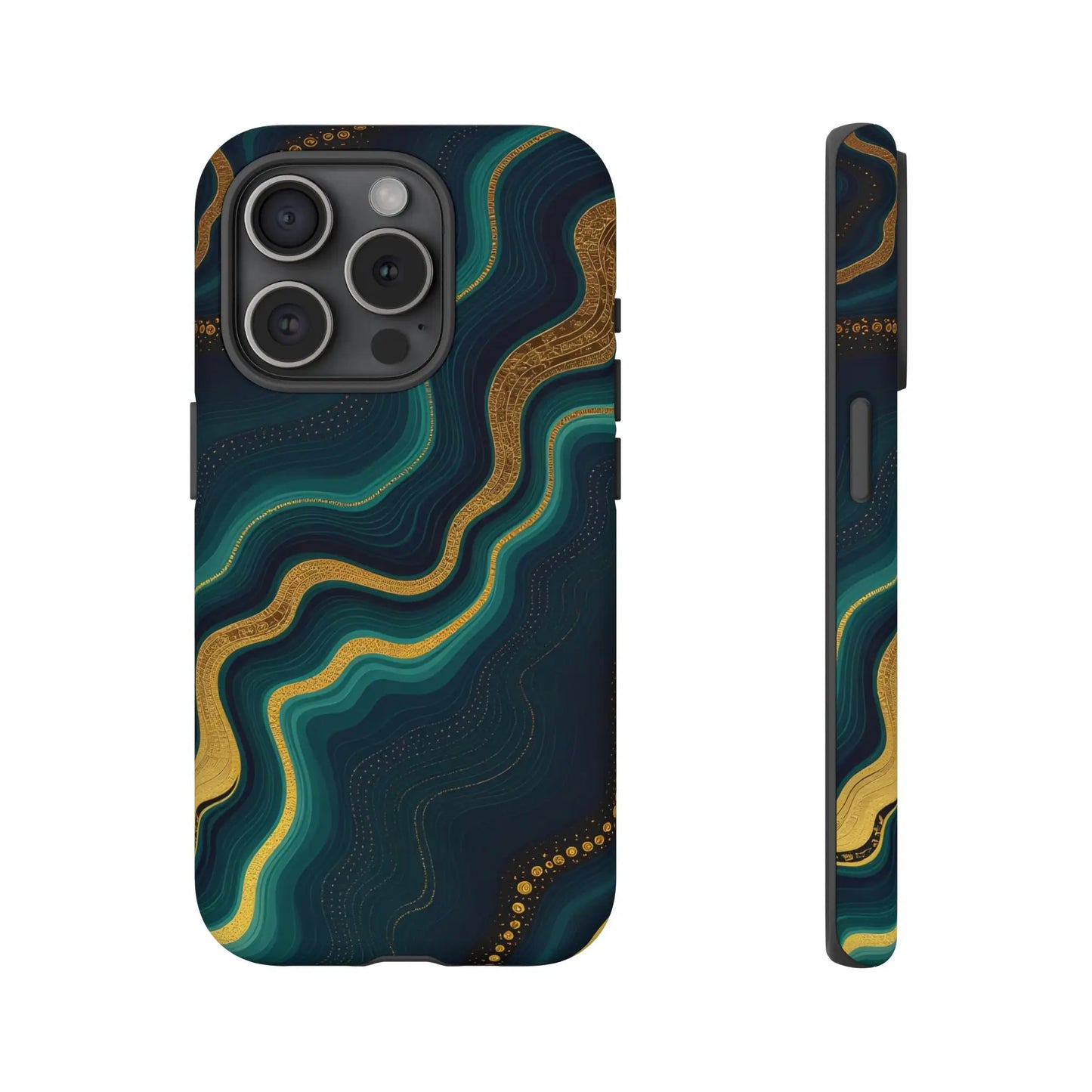 Elegant geode phone protector with teal and gold swirling patterns on deep navy back for stylish phone protection