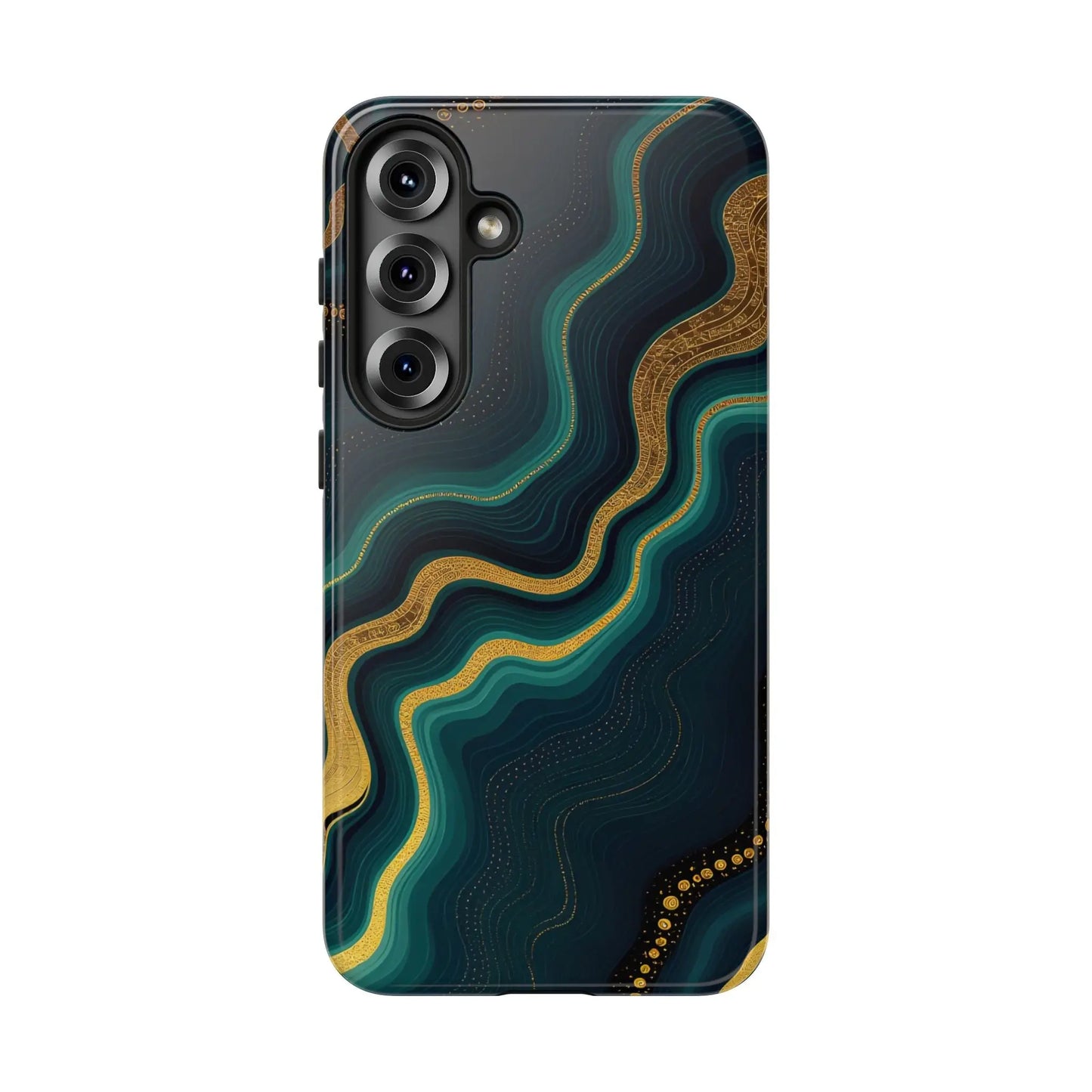 Back of a sleek geode phone protector with swirling teal and gold abstract patterns on a dark navy phone protector