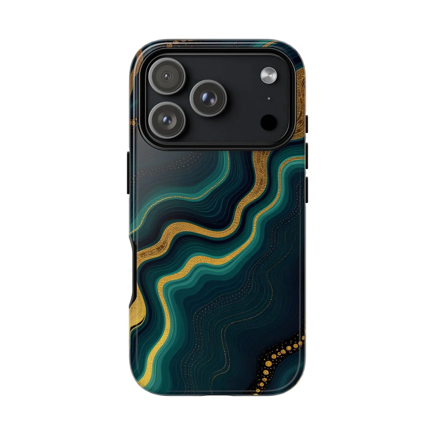 Back of a sleek geode phone protector with deep teal and gold swirling pattern and glossy polished stone finish