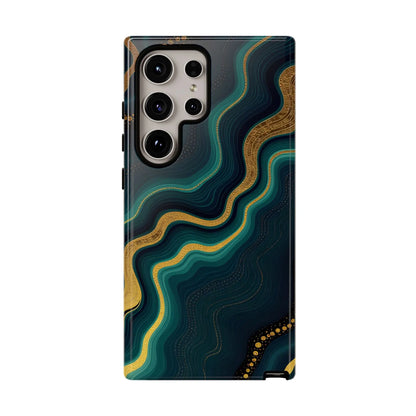 Back side of a sleek geode phone protector with teal and gold marbled design on deep navy phone case