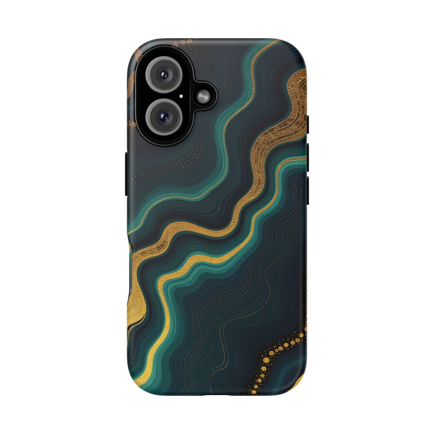 Back side of a sleek geode phone protector with teal and gold marbled patterns on a dark navy phone protector case