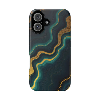 Back side of a sleek geode phone protector with teal and gold marbled patterns on a dark navy phone protector case