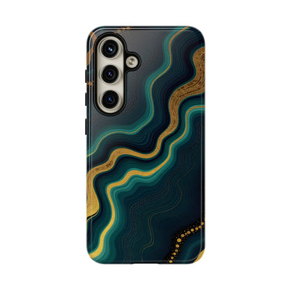 Back side of a sleek geode phone protector with teal and gold abstract patterns on a deep navy phone protector case