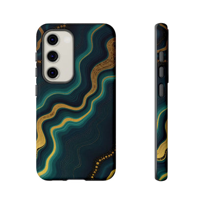 Back of a sleek geode phone protector with deep teal and gold marbled design on dark navy elegant phone case