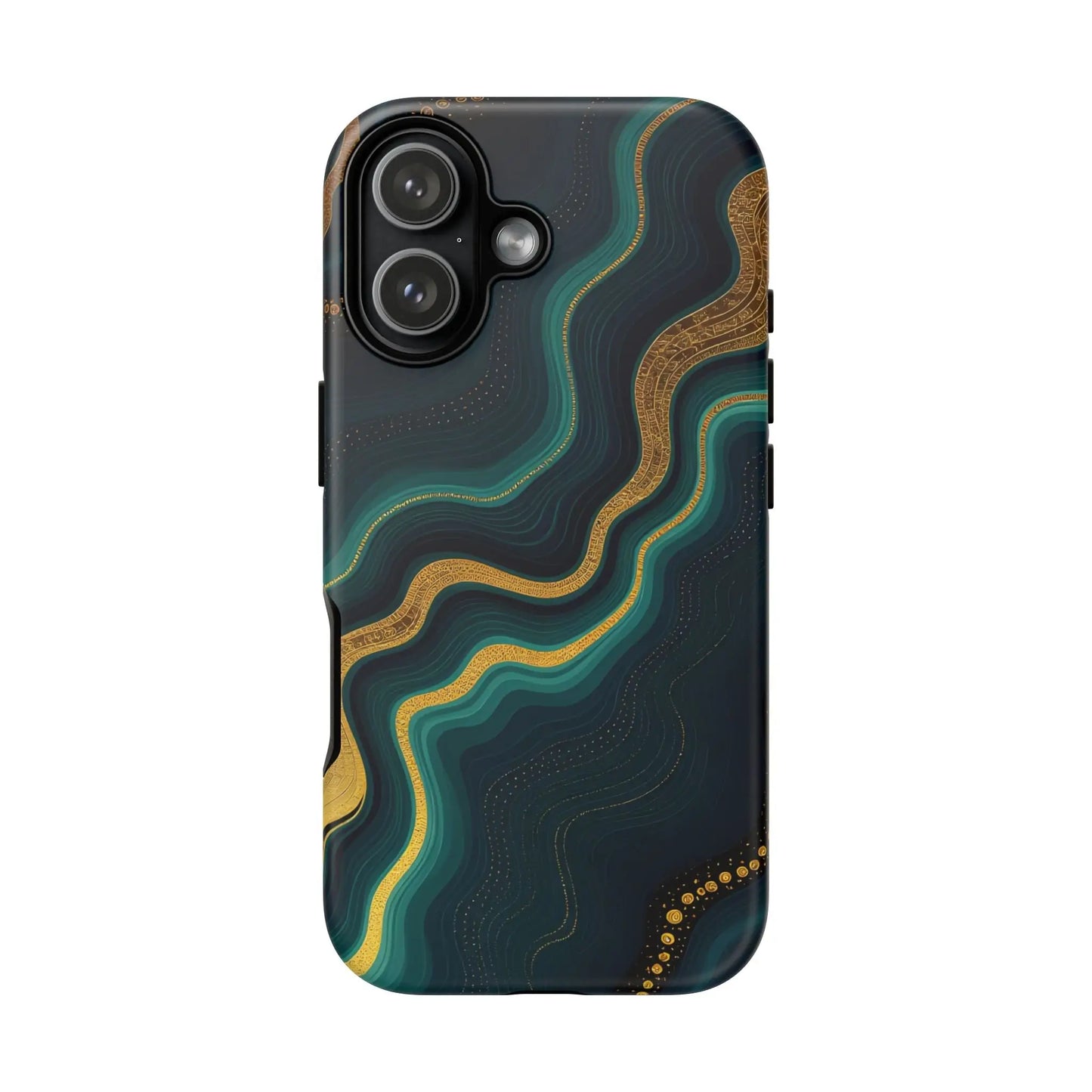 Elegant geode phone protector showing the back with teal and gold swirling patterns on a dark navy background