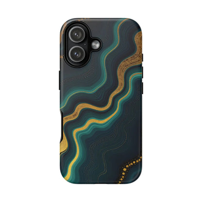 Elegant geode phone protector showing the back with teal and gold swirling patterns on a dark navy background