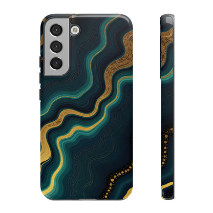 Back of a sleek geode phone protector with teal and gold swirling patterns and a glossy finish for stylish protection