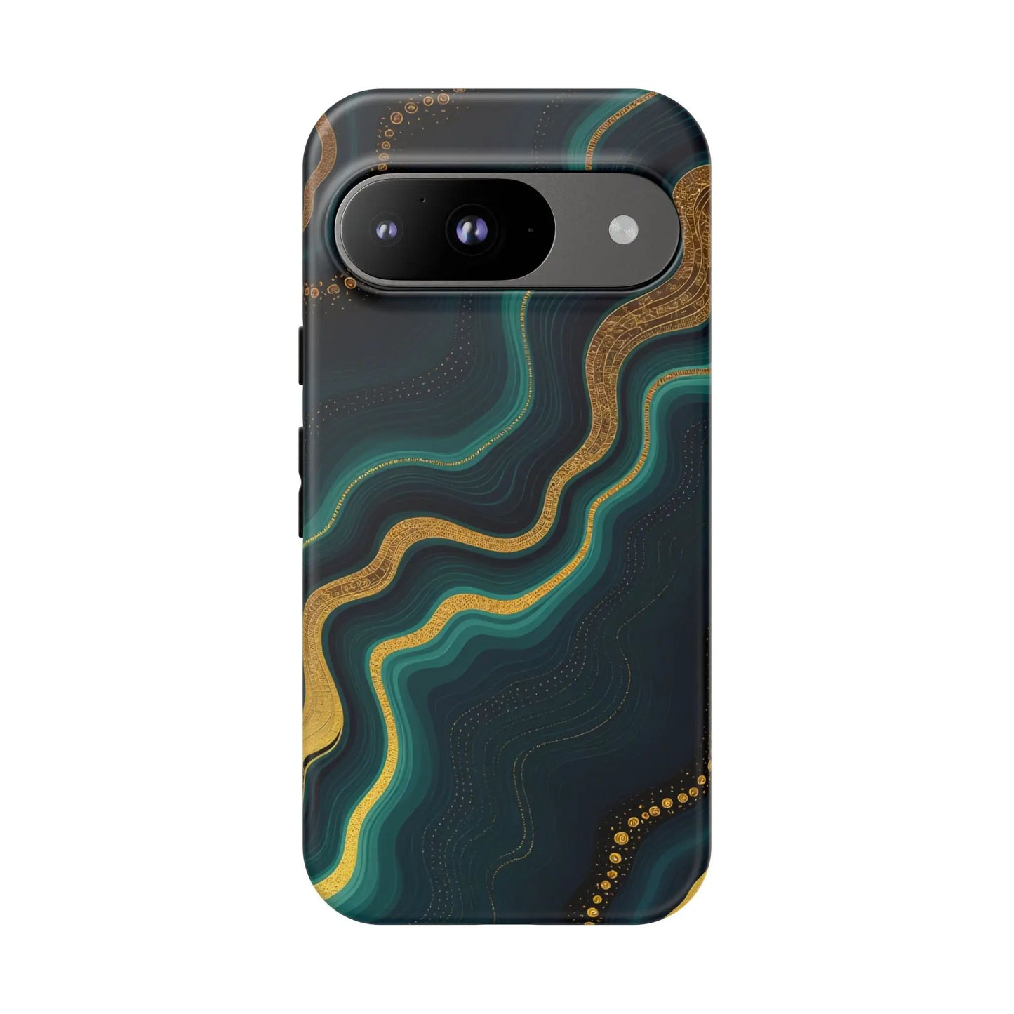 Back of a sleek geode phone protector with flowing teal and gold marbled design on deep navy phone protector