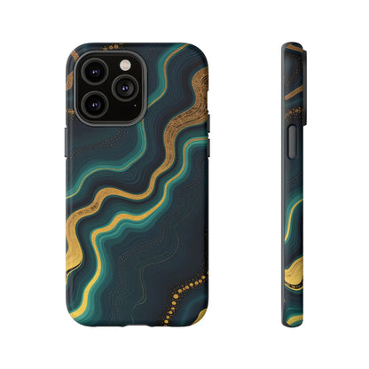 Back side of a sleek geode phone protector with elegant gold and teal marble patterns on a dark navy phone protector