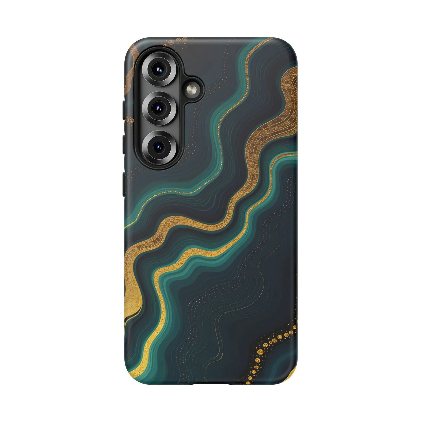Elegant phone case with swirling teal and gold marbled pattern on back as a stylish geode phone protector