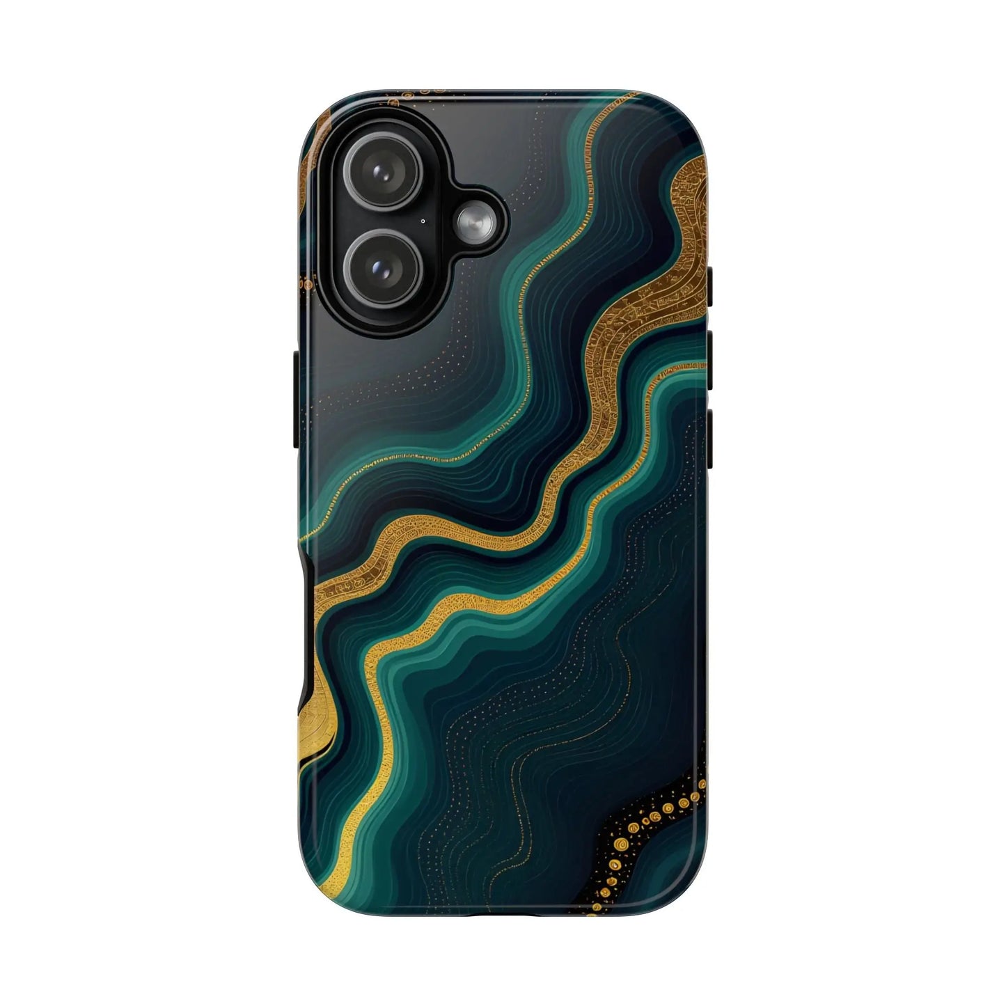 Elegant phone case showing the back with teal and gold marbled geode phone protector design on deep navy background