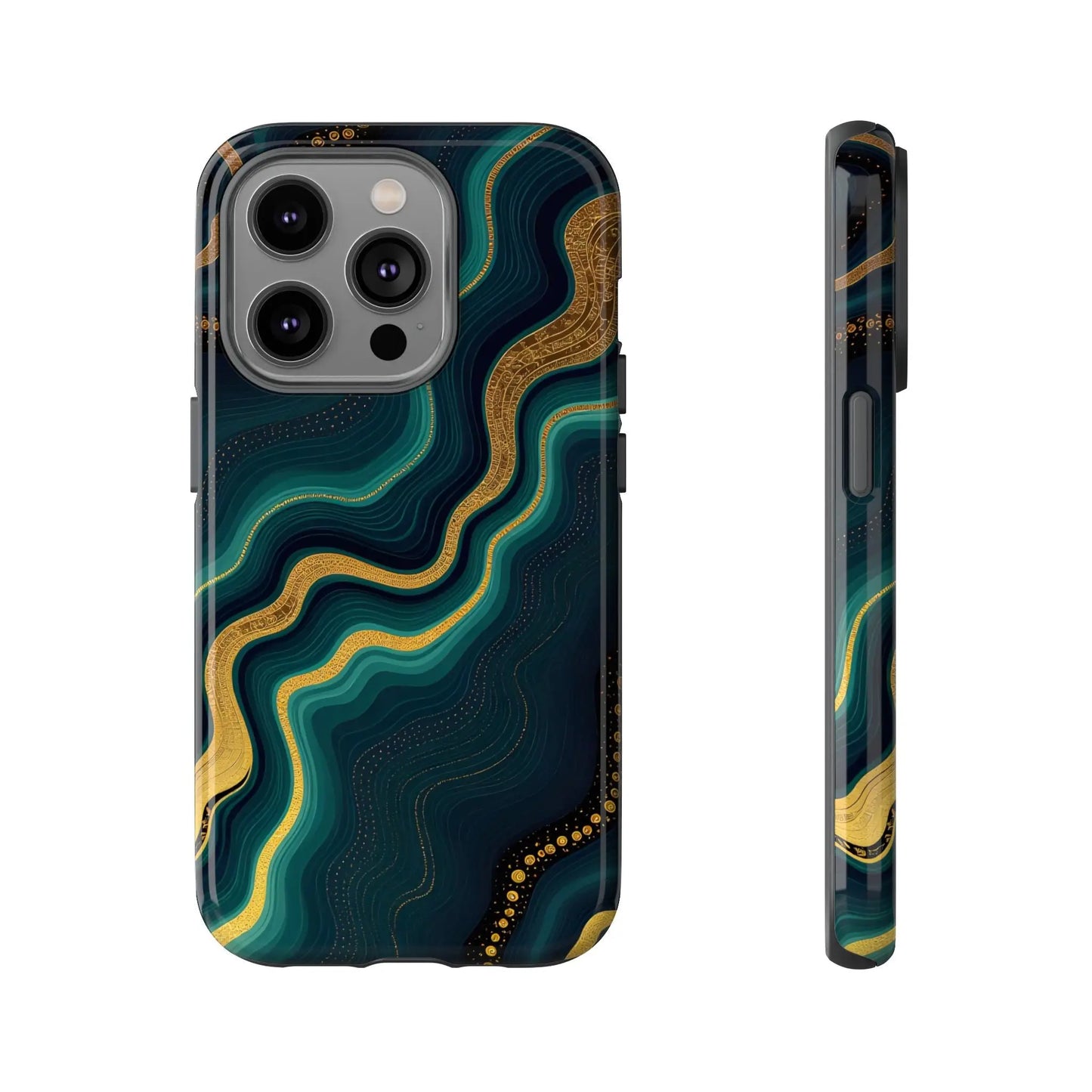 Back of a sleek phone protector with swirling teal and gold marbled patterns glossy finish geode phone protector