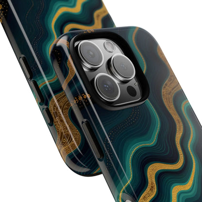 Elegant glossy teal and gold swirling phone protector for iphone 13 pro featuring a stylish geode phone design back side