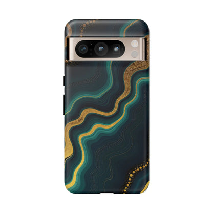 Elegant phone case with a swirling teal and gold pattern on navy background shown from the back side, a stylish geode phone protector