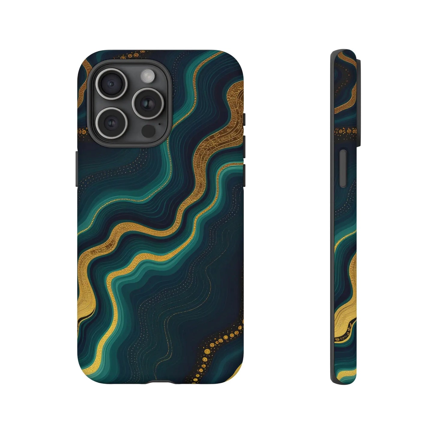 Elegant geode phone protector with swirling teal and gold abstract patterns on deep navy back side for stylish protection