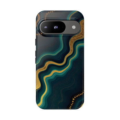 A sleek geode phone protector with teal and gold marbled patterns on a deep navy background showing the back side