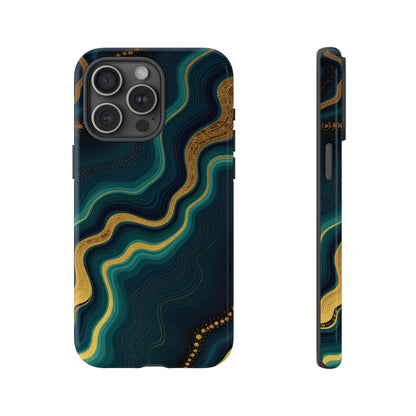 Back of a sleek geode phone protector with swirling teal and gold patterns on a deep navy phone case