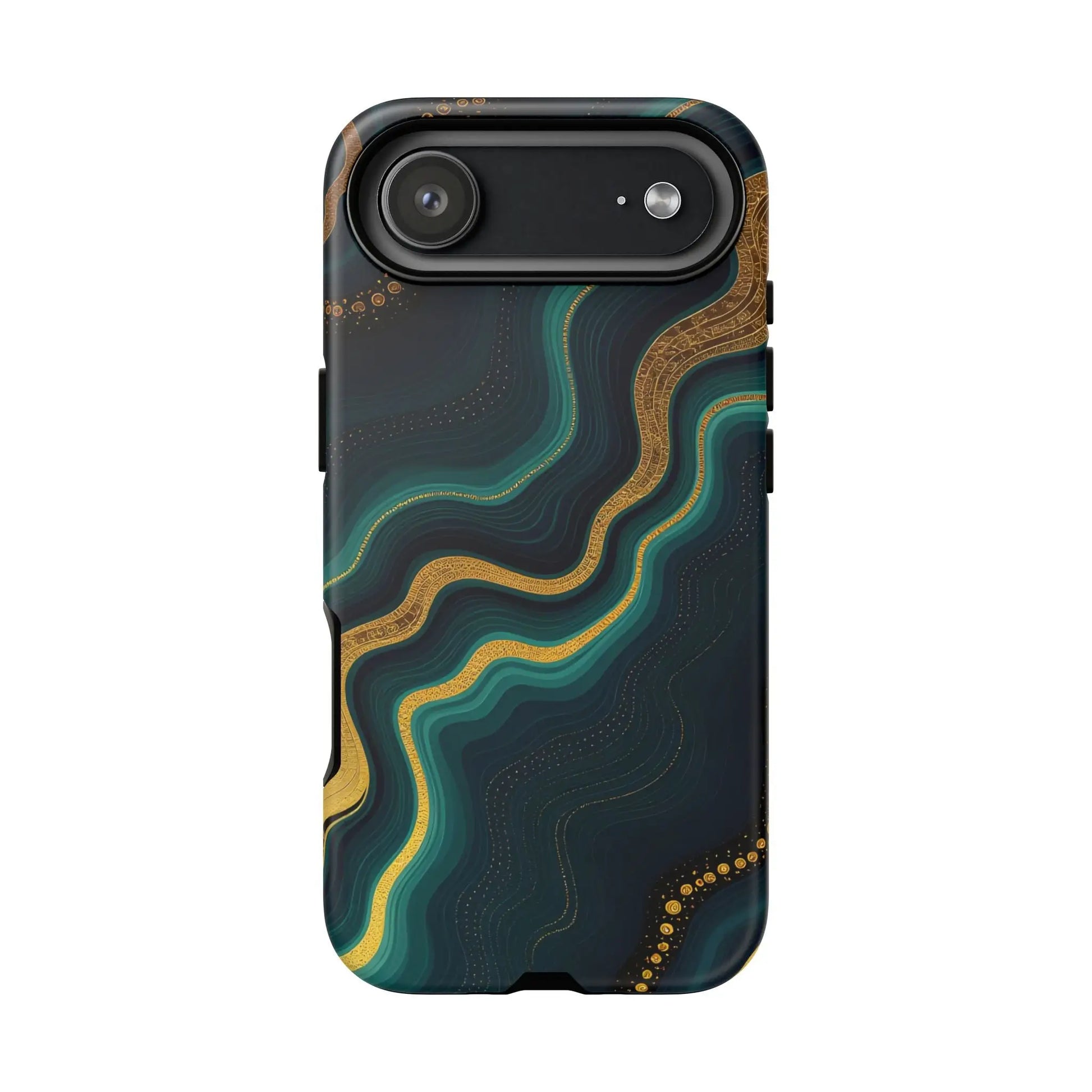 Back of a sleek geode phone protector with swirling teal and gold patterns and precise camera cutouts on dark background