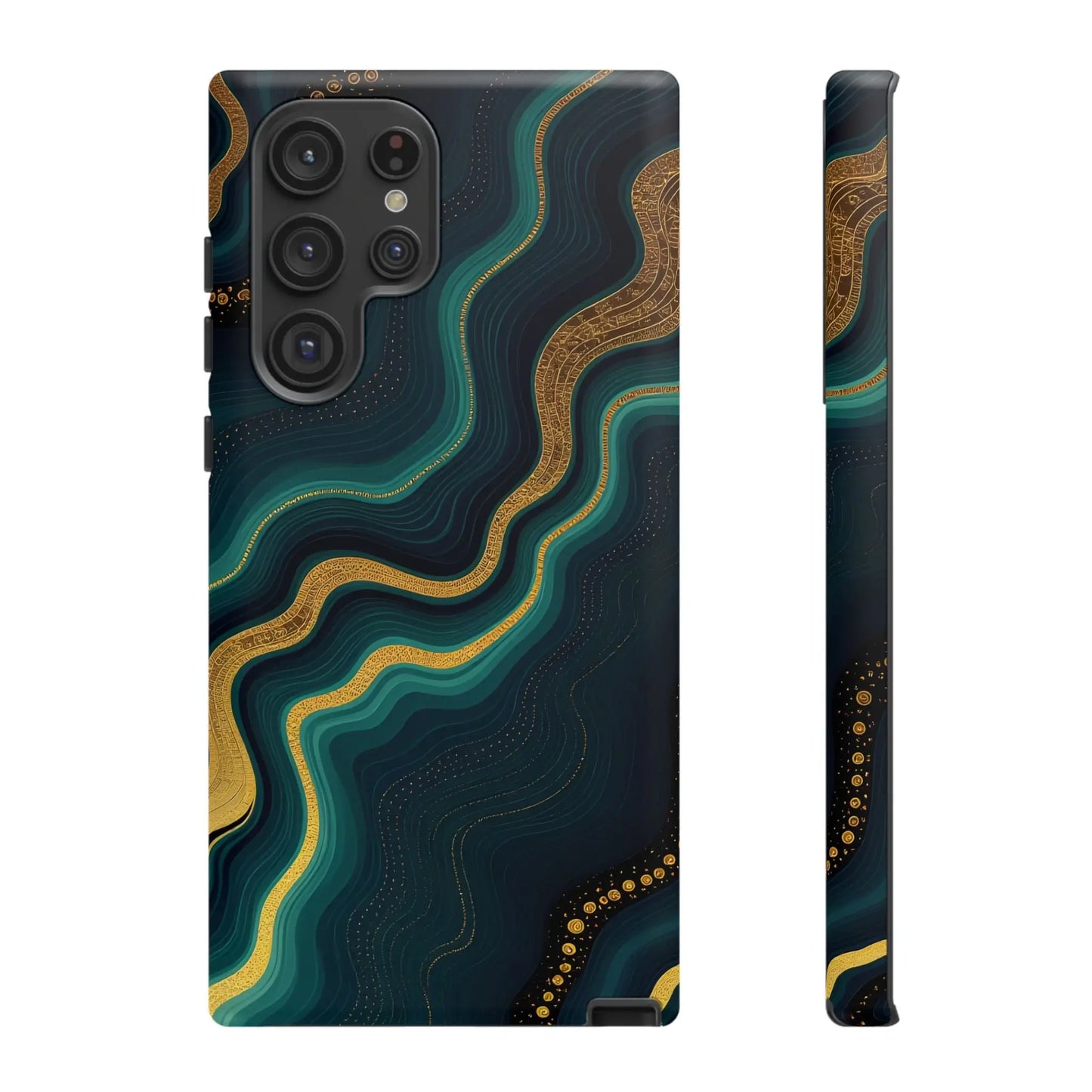 Back of a sleek geode phone protector with teal and gold marbled abstract design on deep navy phone protector