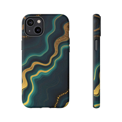 Elegant geode phone protector with dark teal and gold marbled design and subtle dot accents on the back side