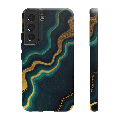 Sleek back of elegant geode phone protector with swirling teal and gold abstract patterns on a deep navy background